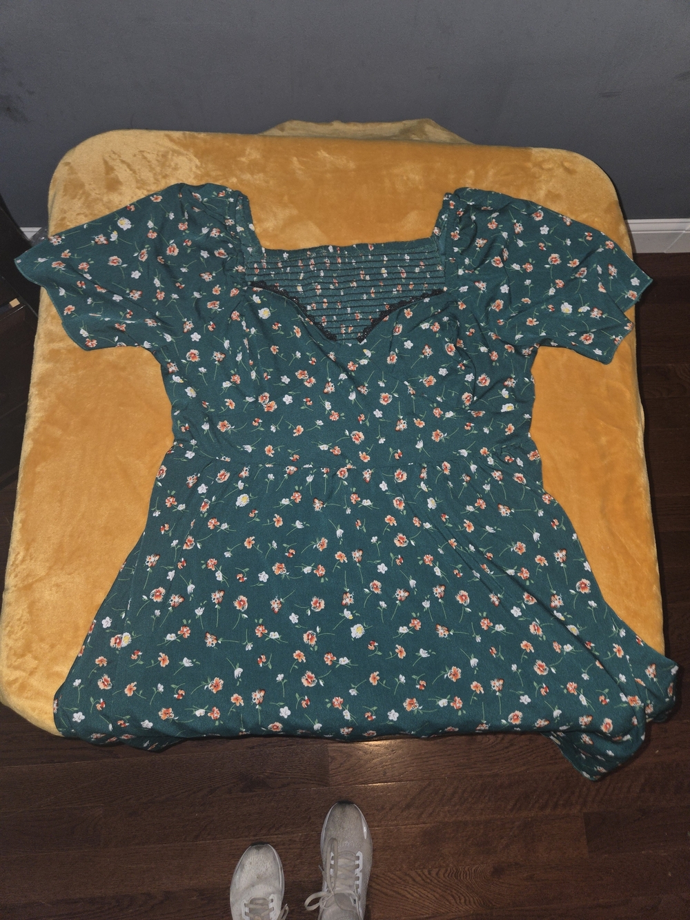 Green floral dress with orange and white flowers sweetheart neckline